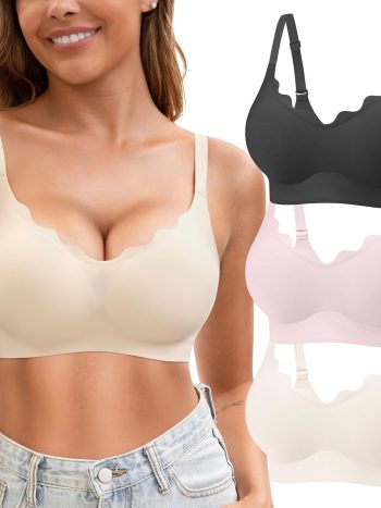 Womens Seamless T-Shirt Bras 3 Pack Wireless Comfy Jelly Bra, Full Coverage Bralette No Show Under Clothes